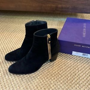 Stuart Weitzman black suede zip booties with gold zipper size 8